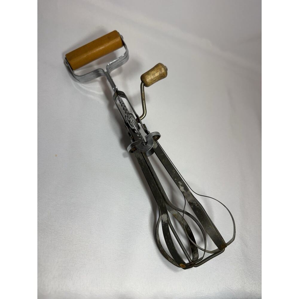 Rotary Beater Hand Crank Mechanism Stainless Steel Beater Vintage Wood Primitive